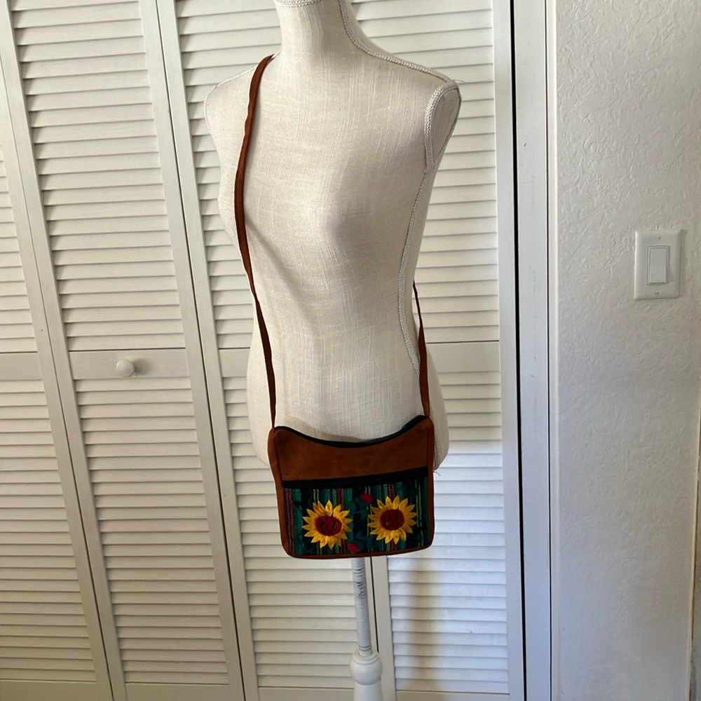 Sunflower Embroidered Brown Crossbody Bag